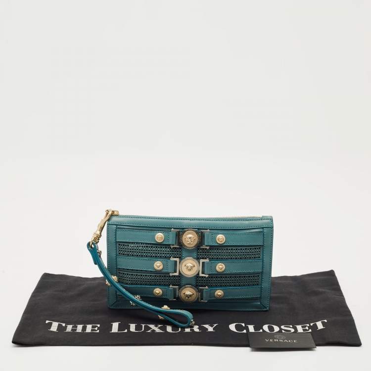 Pre Owned Versace Stone Blue Leather Medusa Wristlet Pouch