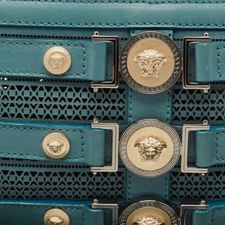 Pre Owned Versace Stone Blue Leather Medusa Wristlet Pouch