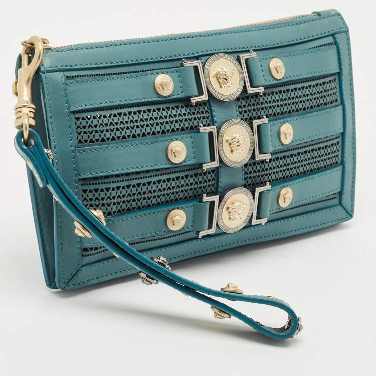 Pre Owned Versace Stone Blue Leather Medusa Wristlet Pouch