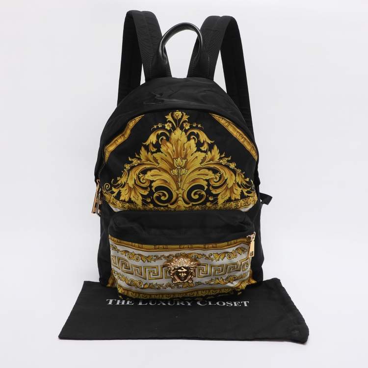 Pre Owned Versace Black/Yellow Medusa Print Nylon and Leather Backpack