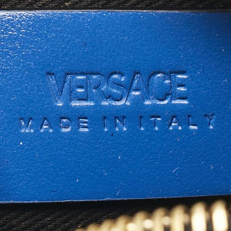 Pre Owned Versace Blue Coated Canvas and Leather La Greca Zip Round Pouch