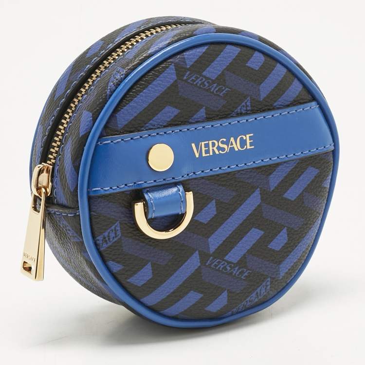Pre Owned Versace Blue Coated Canvas and Leather La Greca Zip Round Pouch