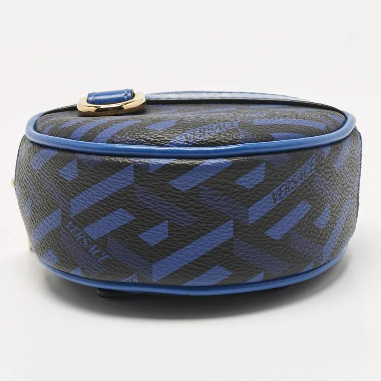 Pre Owned Versace Blue Coated Canvas and Leather La Greca Zip Round Pouch