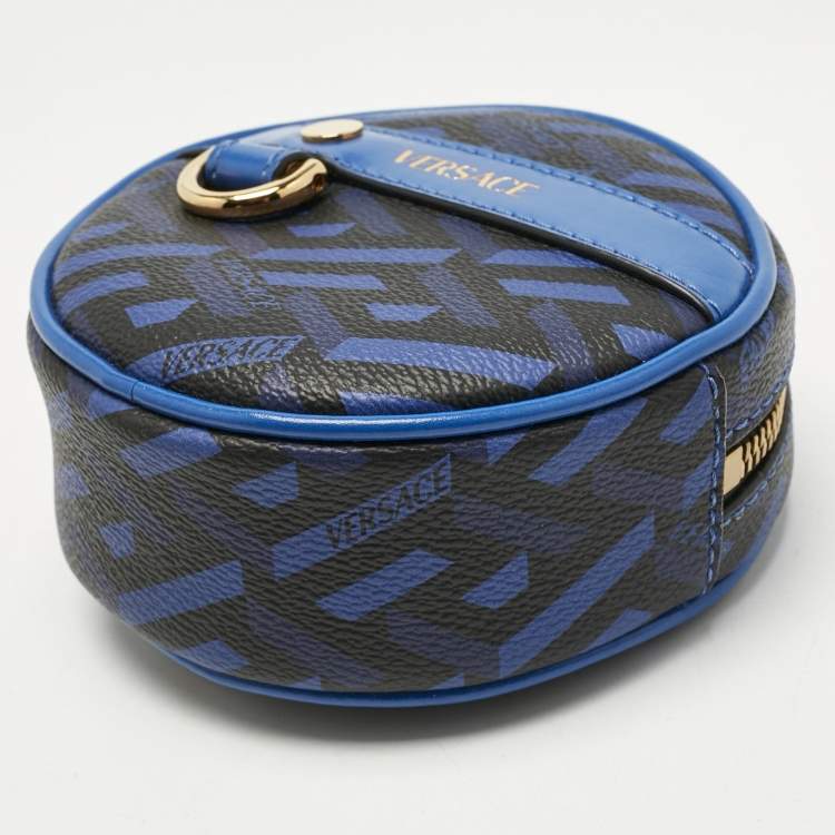 Pre Owned Versace Blue Coated Canvas and Leather La Greca Zip Round Pouch