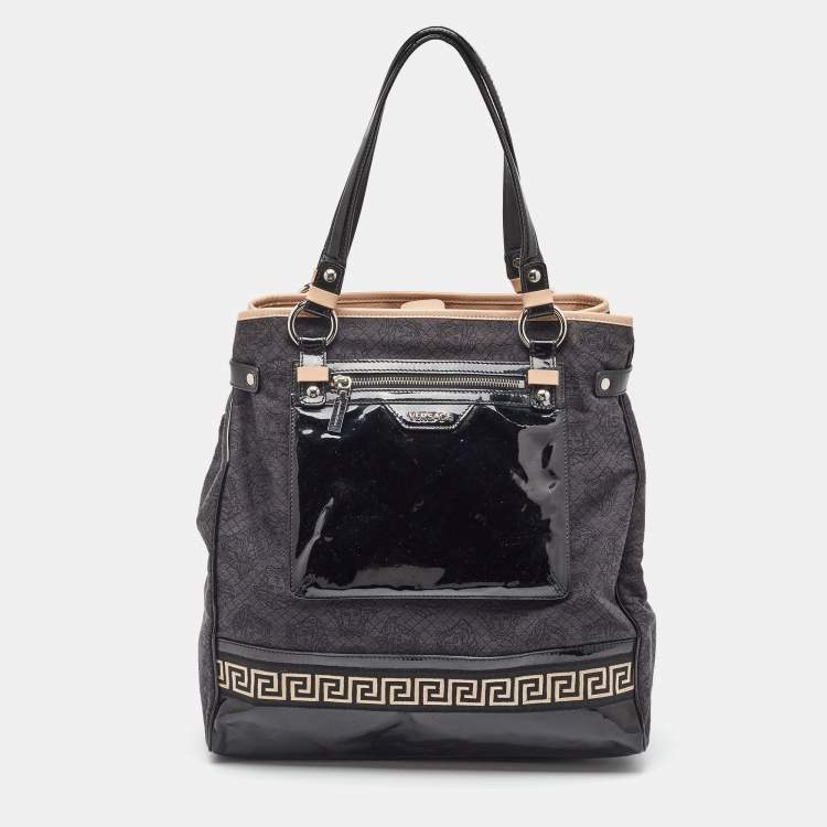 Pre Owned Versace Black/Beige Medusa Print Fabric and Patent Leather Front Pocket Tote