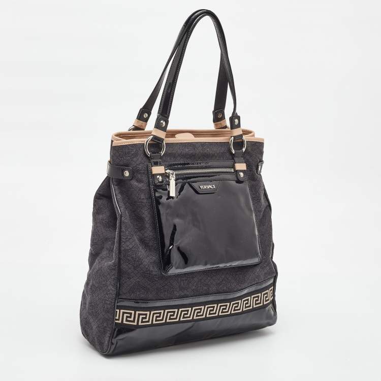 Pre Owned Versace Black/Beige Medusa Print Fabric and Patent Leather Front Pocket Tote
