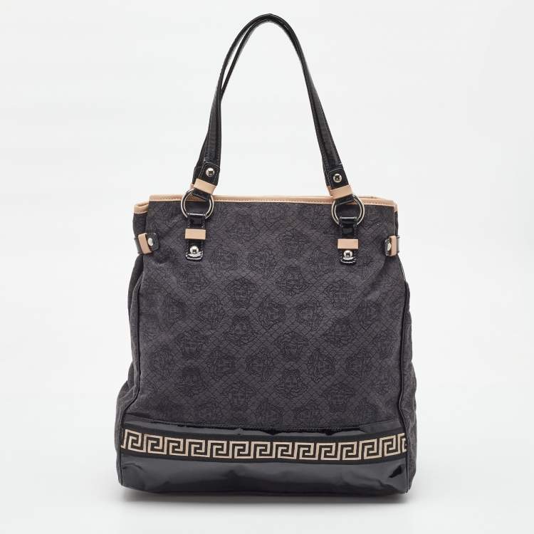 Pre Owned Versace Black/Beige Medusa Print Fabric and Patent Leather Front Pocket Tote
