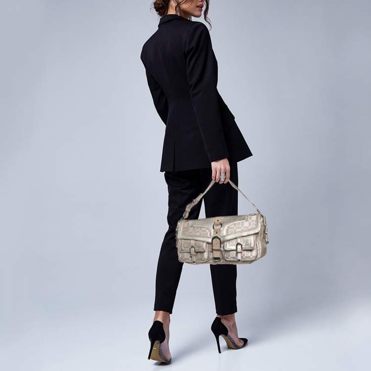 Pre Owned Versace Beige/Metallic Signature Canvas and Leather Double Pocket Flap Bag