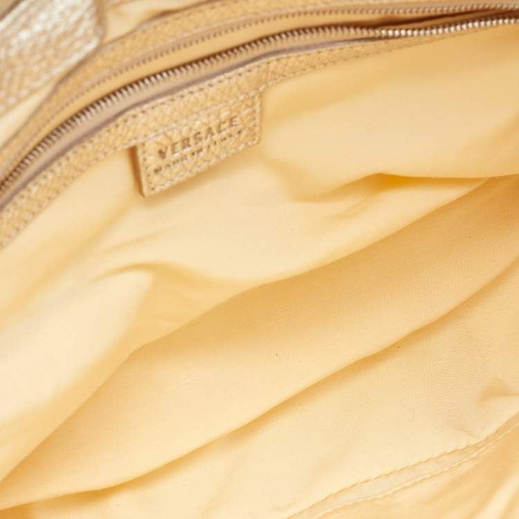 Pre Owned Versace Beige/Metallic Signature Canvas and Leather Double Pocket Flap Bag