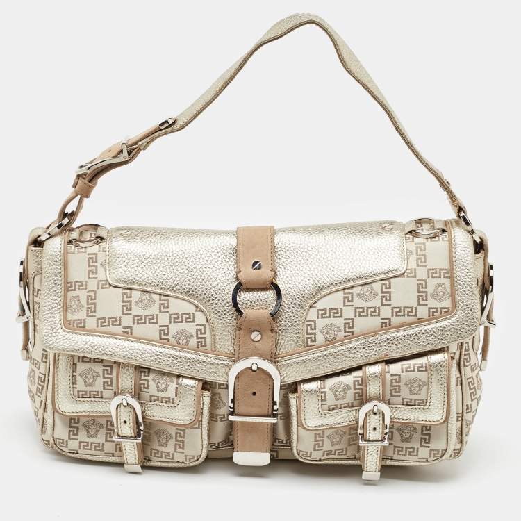 Pre Owned Versace Beige/Metallic Signature Canvas and Leather Double Pocket Flap Bag