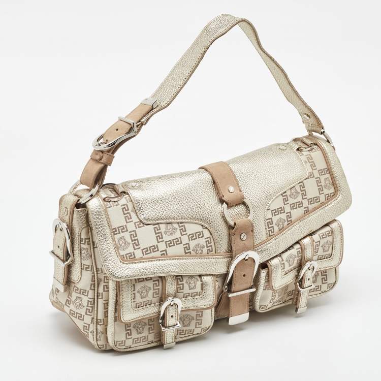 Pre Owned Versace Beige/Metallic Signature Canvas and Leather Double Pocket Flap Bag
