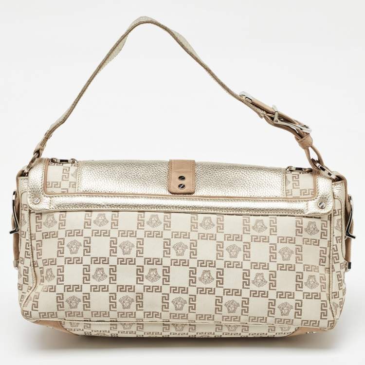 Pre Owned Versace Beige/Metallic Signature Canvas and Leather Double Pocket Flap Bag