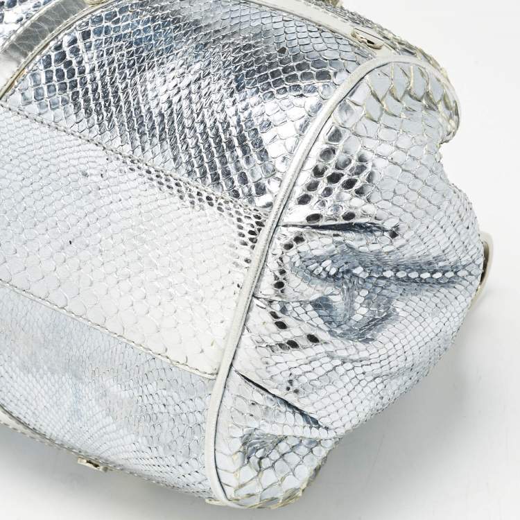 Pre Owned Versace Bluish Silver Python Frame Satchel