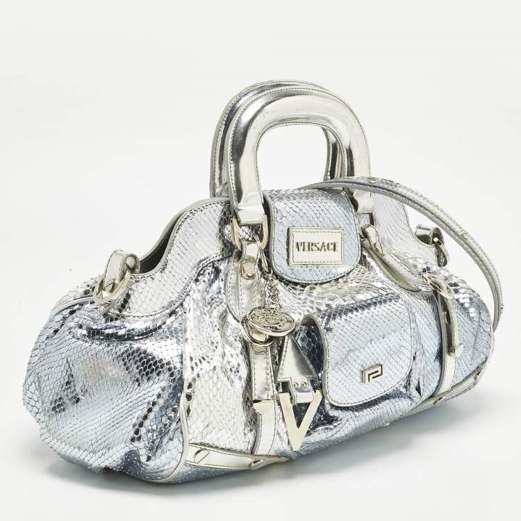 Pre Owned Versace Bluish Silver Python Frame Satchel