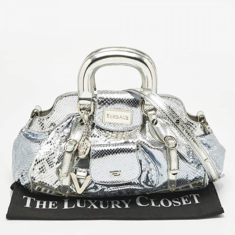 Pre Owned Versace Bluish Silver Python Frame Satchel