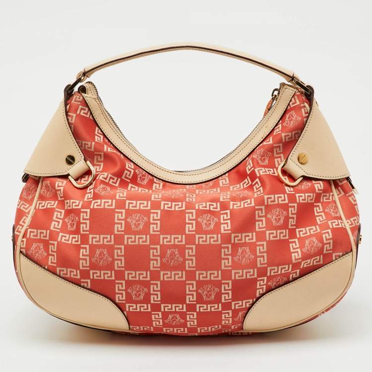 Pre Owned Versace Beige/Orange Signature Canvas and Leather Medusa Repeat Hobo