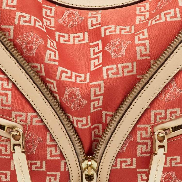 Pre Owned Versace Beige/Orange Signature Canvas and Leather Medusa Repeat Hobo