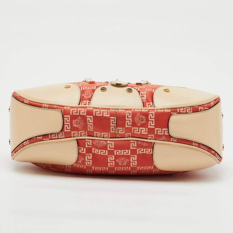 Pre Owned Versace Beige/Orange Signature Canvas and Leather Medusa Repeat Hobo