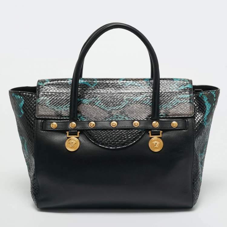 Pre Owned Versace Black Leather and Python Medusa Medallion Tote