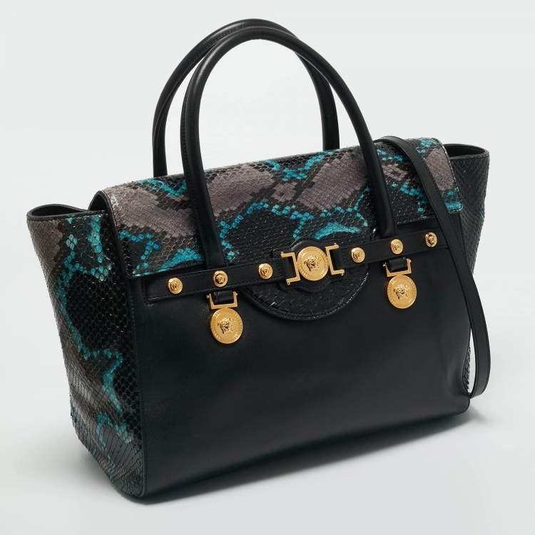 Pre Owned Versace Black Leather and Python Medusa Medallion Tote