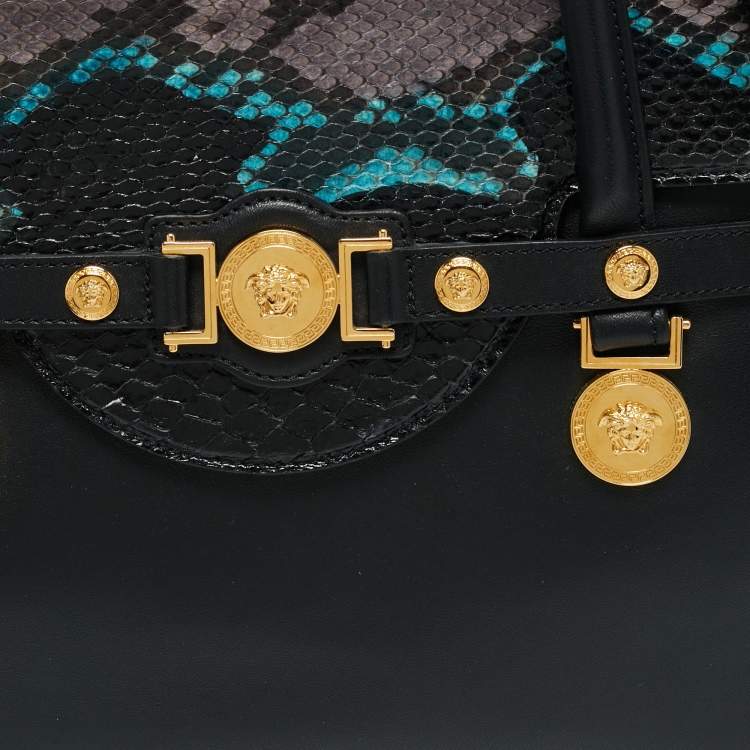 Pre Owned Versace Black Leather and Python Medusa Medallion Tote