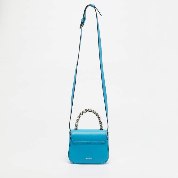 Pre Owned Versace Light Blue Leather Medusa Metal Handle Bag