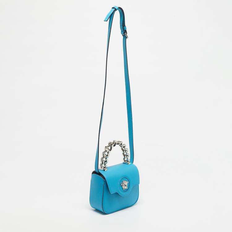 Pre Owned Versace Light Blue Leather Medusa Metal Handle Bag