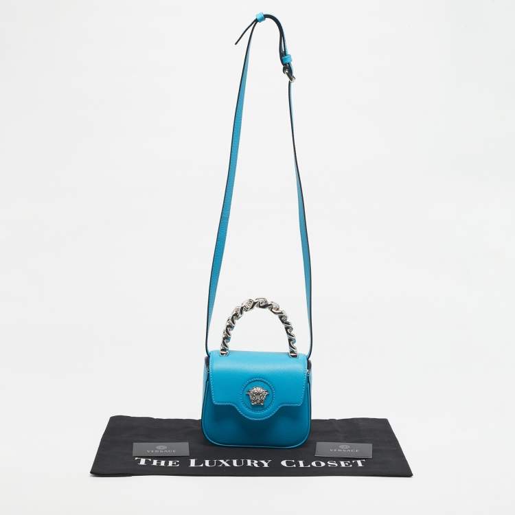 Pre Owned Versace Light Blue Leather Medusa Metal Handle Bag