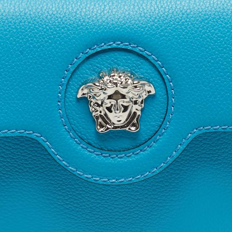 Pre Owned Versace Light Blue Leather Medusa Metal Handle Bag
