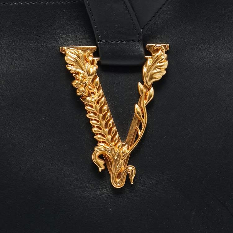 Pre Owned Versace Black Leather Large Virtus Bucket Bag