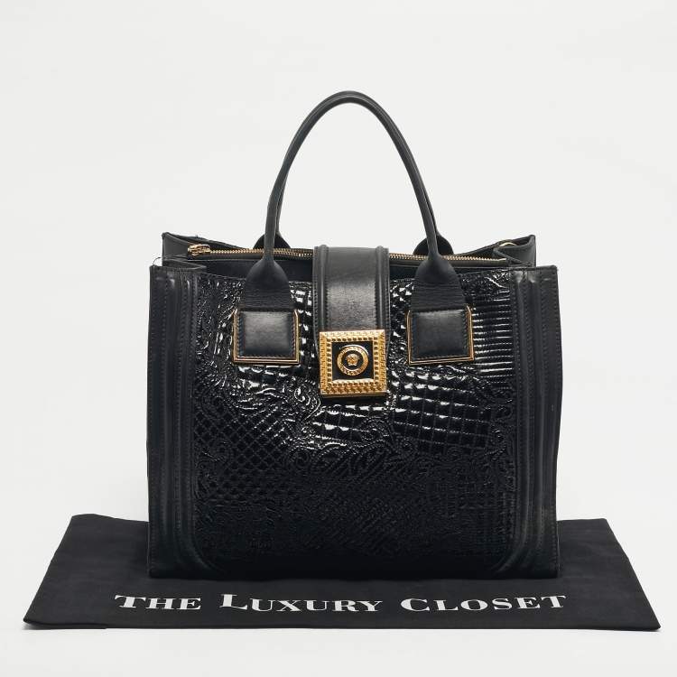 Pre Owned Versace Black Leather and Patent Leather Vanitas Icon Tote