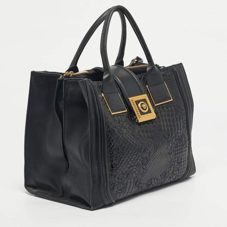 Pre Owned Versace Black Leather and Patent Leather Vanitas Icon Tote
