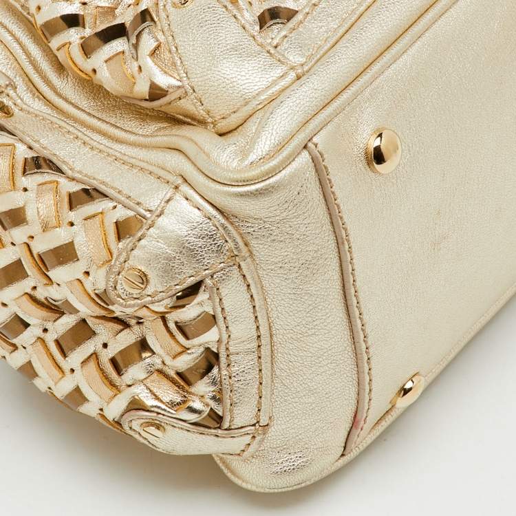 Pre Owned Versace Metallic Gold Woven Leather Chain Link Satchel