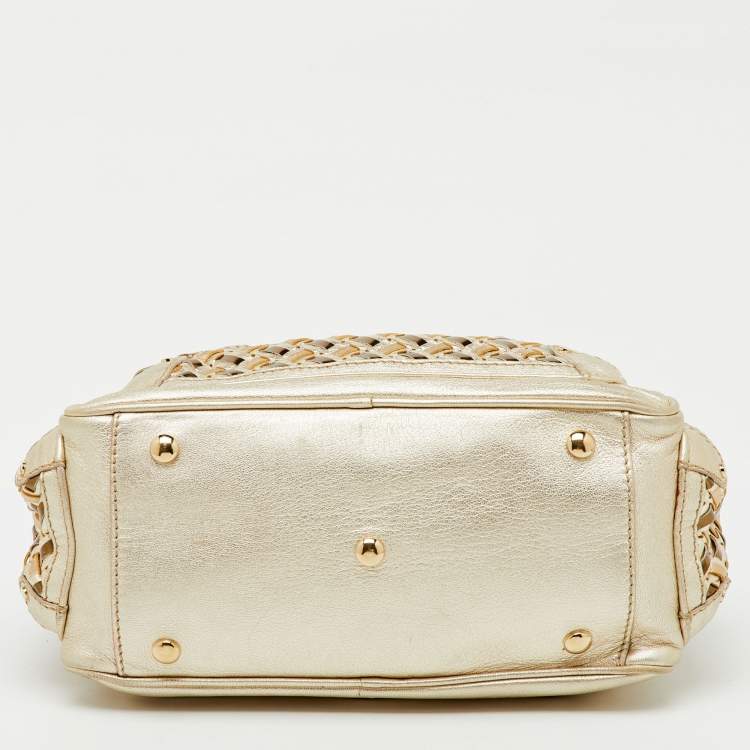 Pre Owned Versace Metallic Gold Woven Leather Chain Link Satchel