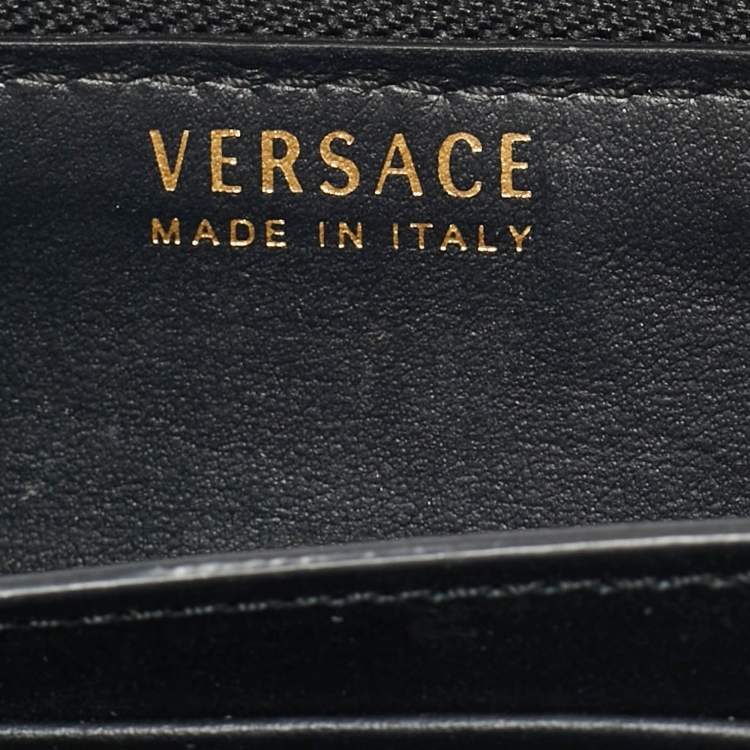 Pre Owned Versace Black/Yellow Leather Logo Zip Compact Wallet