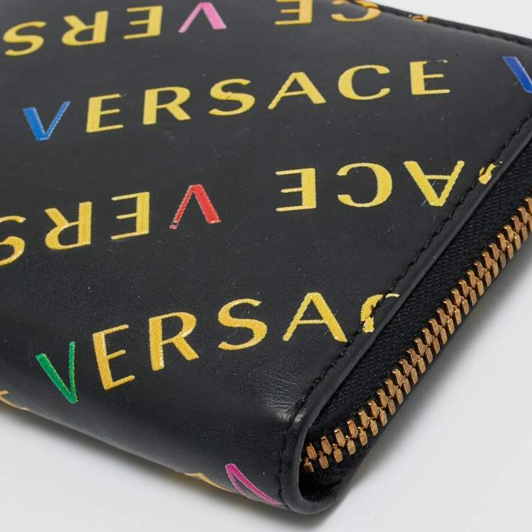 Pre Owned Versace Black/Yellow Leather Logo Zip Compact Wallet