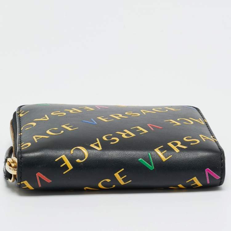Pre Owned Versace Black/Yellow Leather Logo Zip Compact Wallet