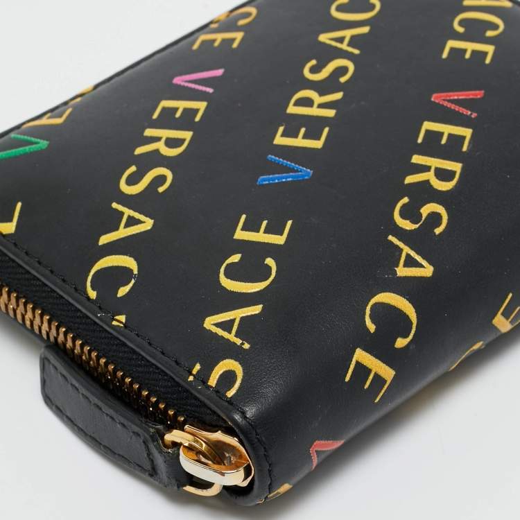 Pre Owned Versace Black/Yellow Leather Logo Zip Compact Wallet