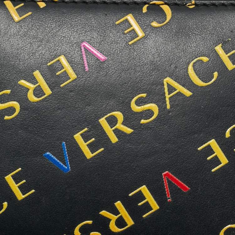 Pre Owned Versace Black/Yellow Leather Logo Zip Compact Wallet