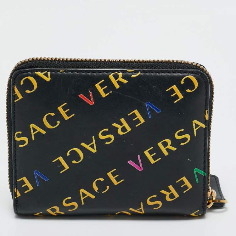 Pre Owned Versace Black/Yellow Leather Logo Zip Compact Wallet