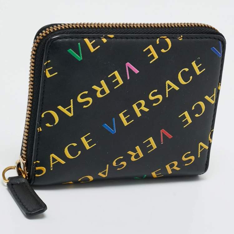 Pre Owned Versace Black/Yellow Leather Logo Zip Compact Wallet