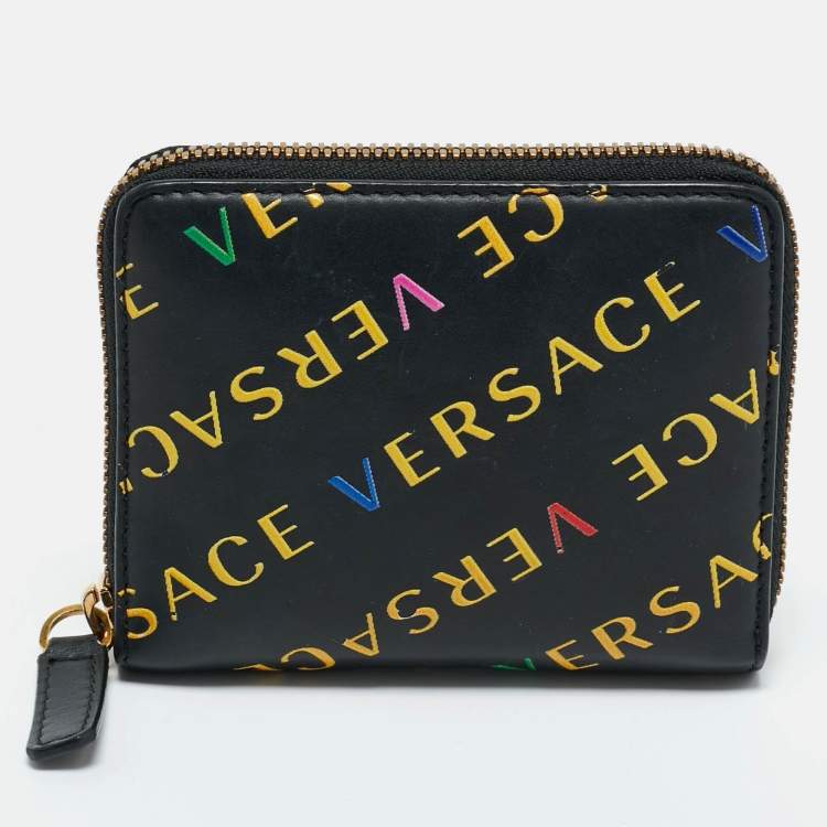 Pre Owned Versace Black/Yellow Leather Logo Zip Compact Wallet