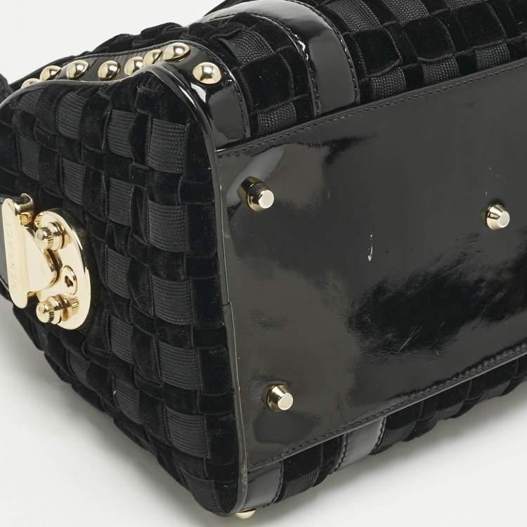 Pre Owned Versace Black Woven Velvet and Patent Leather Small Studded Snap Out Of It Satchel