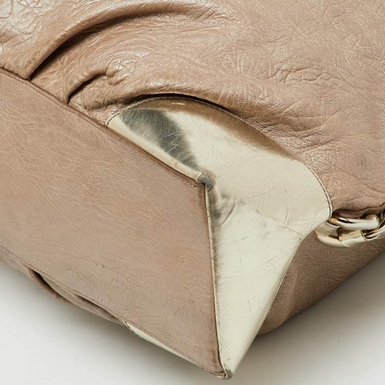 Pre Owned Versace Metallic Beige/Gold Leather Chain Link Flap Hobo