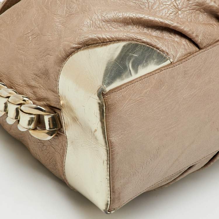 Pre Owned Versace Metallic Beige/Gold Leather Chain Link Flap Hobo