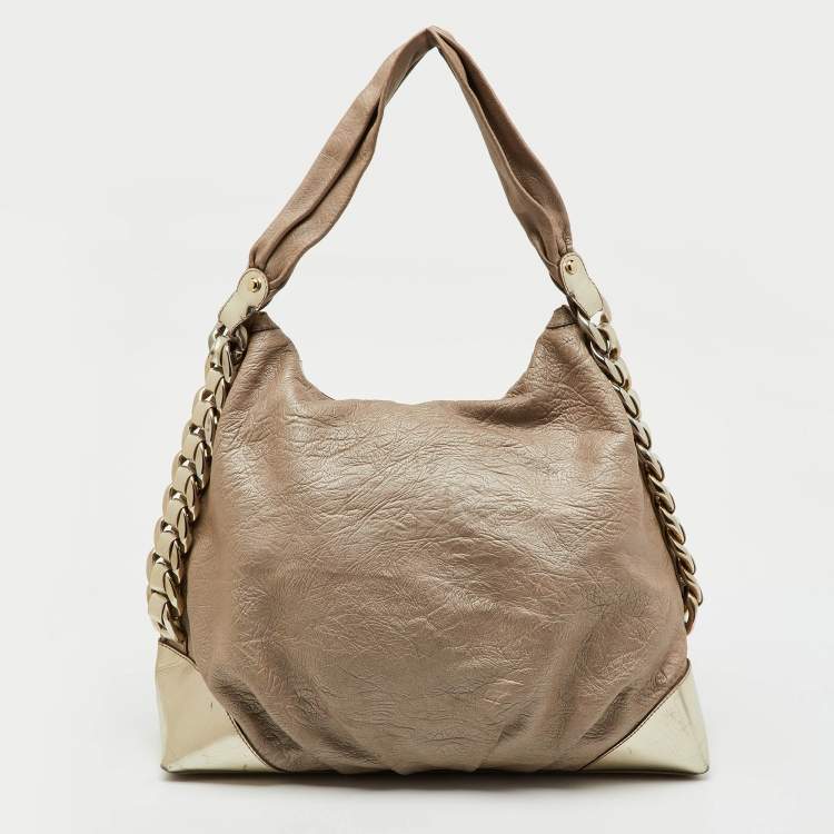 Pre Owned Versace Metallic Beige/Gold Leather Chain Link Flap Hobo