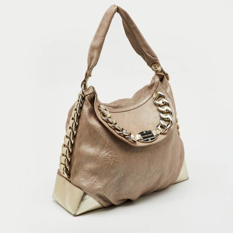 Pre Owned Versace Metallic Beige/Gold Leather Chain Link Flap Hobo