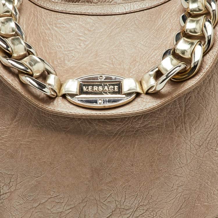 Pre Owned Versace Metallic Beige/Gold Leather Chain Link Flap Hobo