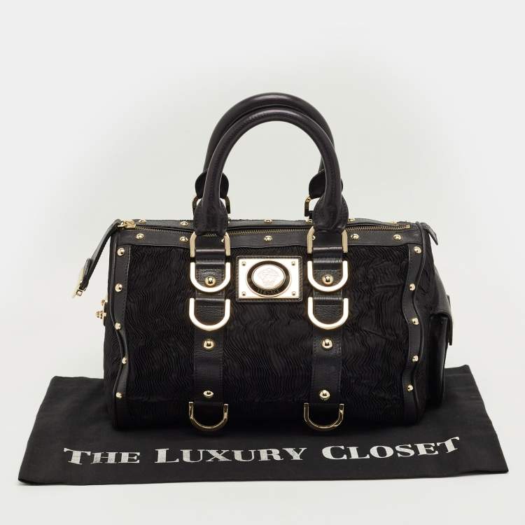 Pre Owned Versace Black Satin and Leather Plisse Snap Out Of It Satchel