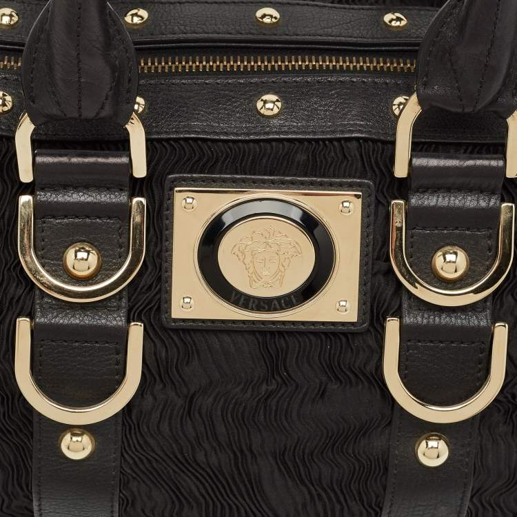 Pre Owned Versace Black Satin and Leather Plisse Snap Out Of It Satchel